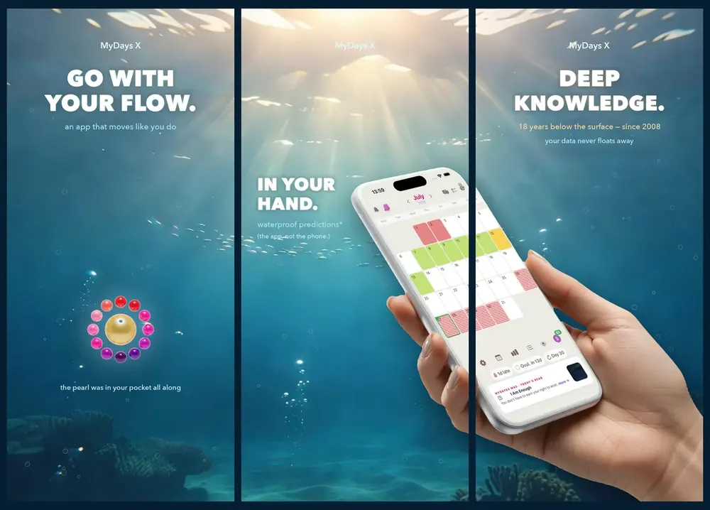The Ocean look: three panels of the MyDays X app store artwork, sunlit water above, deep blue below, and the calendar on a phone held in one hand.