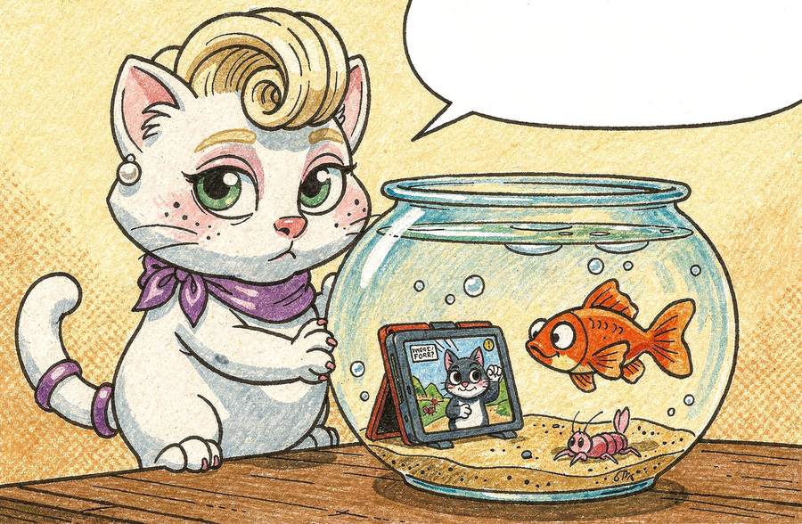 Panel 1: Ms. Harvey, a white cat with a blonde curl and a purple scarf, glares at a goldfish bowl. Inside, the goldfish watches a cat video on a tablet.